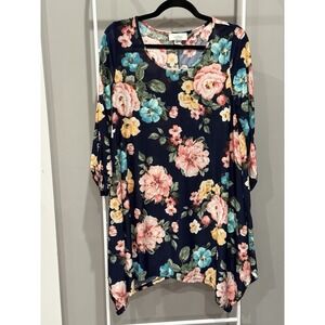 Navy Floral Tunic Dress Asymmetrical Hem Sz S Boho Cottagecore Garden Botanical